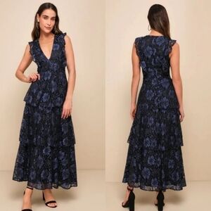 Lulus Molinetto Navy Blue Lace Ruffled Tiered Sleeveless Maxi Dress Party Prom